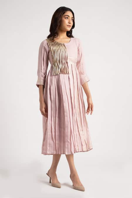 Buy_Kaveri_Pink Linen Embroidery Round Neck Illusion Amanda Floral Pattern Dress _Online_at_Aza_Fashions