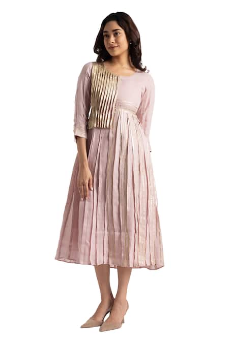Kaveri_Pink Linen Embroidery Round Neck Illusion Amanda Floral Pattern Dress _at_Aza_Fashions