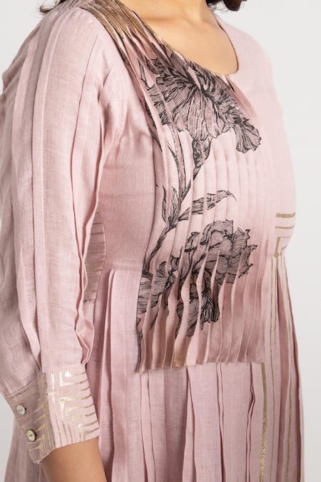 Buy_Kaveri_Pink Linen Embroidery Round Neck Illusion Amanda Floral Pattern Dress 