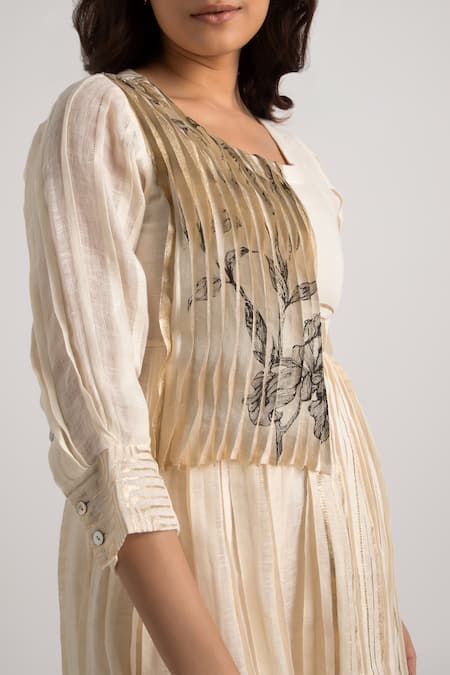 Buy_Kaveri_Off White Linen Embroidery Round Neck Illusion Amanda Printed Dress_Online_at_Aza_Fashions