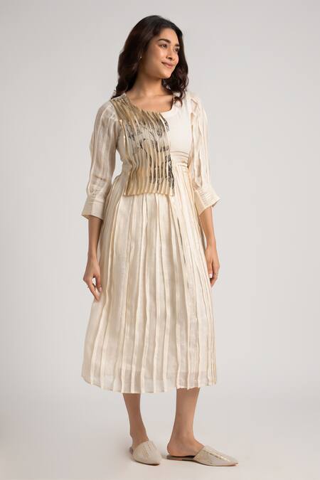 Shop_Kaveri_Off White Linen Embroidery Round Neck Illusion Amanda Printed Dress_Online_at_Aza_Fashions