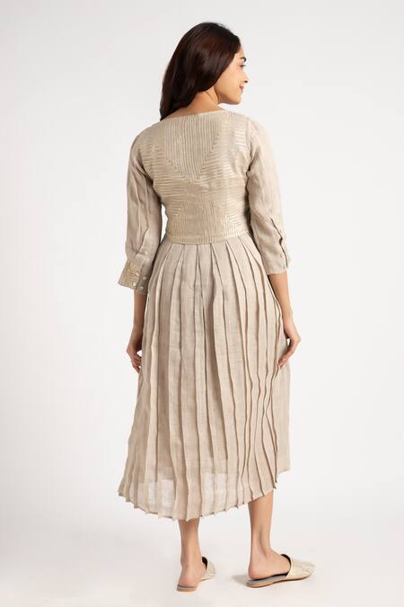 Shop Kaveri Grey Linen Embroidery Round Neck Illusion Amanda Floral Print Dress at Aza Fashions Shop_Kaveri_Grey Linen Embroidery Round Neck Illusion Amanda Floral Print Dress_at_Aza_Fashions