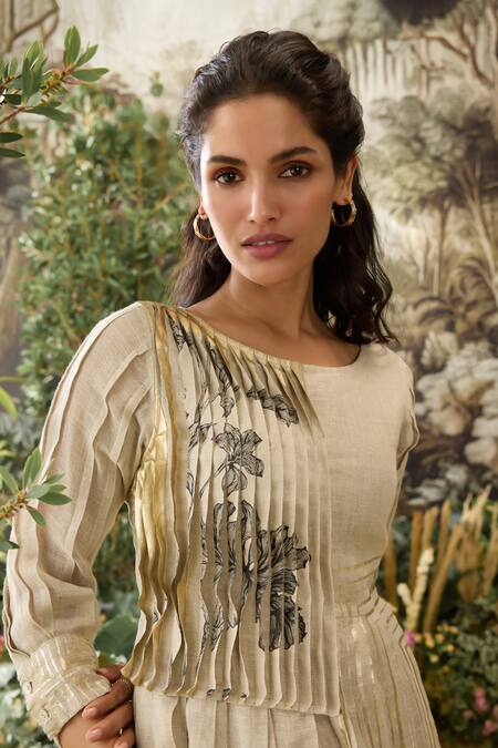 Kaveri Grey Linen Embroidery Round Neck Illusion Amanda Floral Print Dress Online at Aza Fashions Kaveri_Grey Linen Embroidery Round Neck Illusion Amanda Floral Print Dress_Online_at_Aza_Fashions