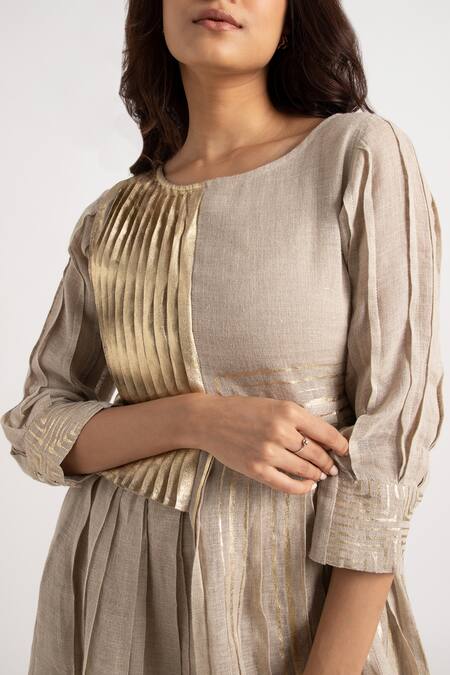 Buy Kaveri Grey Linen Embroidery Round Neck Illusion Amanda Floral Print Dress Buy_Kaveri_Grey Linen Embroidery Round Neck Illusion Amanda Floral Print Dress