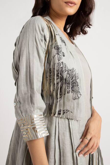 Shop Kaveri Green 100% Linen Hand Printed Illusion Amanda With Dress Online at Aza Fashions Shop_Kaveri_Green 100% Linen Hand Printed Illusion Amanda With Dress _Online_at_Aza_Fashions