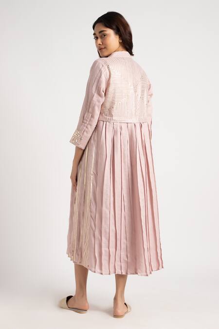 Shop Kaveri Pink 100% Linen Hand Screen Printed Floral Jacket Open Neck Dress at Aza Fashions Shop_Kaveri_Pink 100% Linen Hand Screen Printed Floral Jacket Open Neck Dress_at_Aza_Fashions