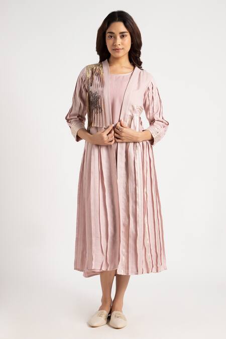 Kaveri Pink 100% Linen Hand Screen Printed Floral Jacket Open Neck Dress Online at Aza Fashions Kaveri_Pink 100% Linen Hand Screen Printed Floral Jacket Open Neck Dress_Online_at_Aza_Fashions