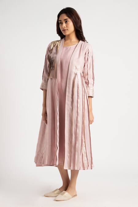 Buy Kaveri Pink 100% Linen Hand Screen Printed Floral Jacket Open Neck Dress Online at Aza Fashions Buy_Kaveri_Pink 100% Linen Hand Screen Printed Floral Jacket Open Neck Dress_Online_at_Aza_Fashions