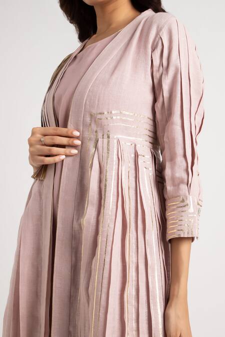 Shop Kaveri Pink 100% Linen Hand Screen Printed Floral Jacket Open Neck Dress Online at Aza Fashions Shop_Kaveri_Pink 100% Linen Hand Screen Printed Floral Jacket Open Neck Dress_Online_at_Aza_Fashions