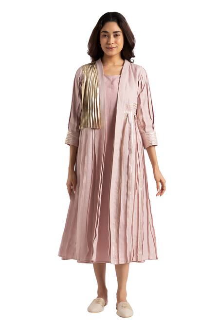 Kaveri Pink 100% Linen Hand Screen Printed Floral Jacket Open Neck Dress at Aza Fashions Kaveri_Pink 100% Linen Hand Screen Printed Floral Jacket Open Neck Dress_at_Aza_Fashions