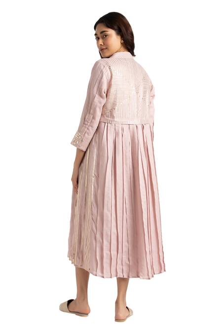 Buy Kaveri Pink 100% Linen Hand Screen Printed Floral Jacket Open Neck Dress Buy_Kaveri_Pink 100% Linen Hand Screen Printed Floral Jacket Open Neck Dress