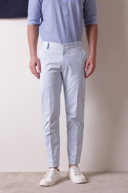 Lacquer Embassy_Blue Cotton Piping Isola Detailed Trouser _Online_at_Aza_Fashions