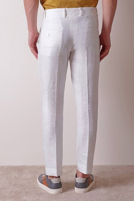 Shop_Lacquer Embassy_White Linen Grigio Plain Straight Fit Trouser _at_Aza_Fashions