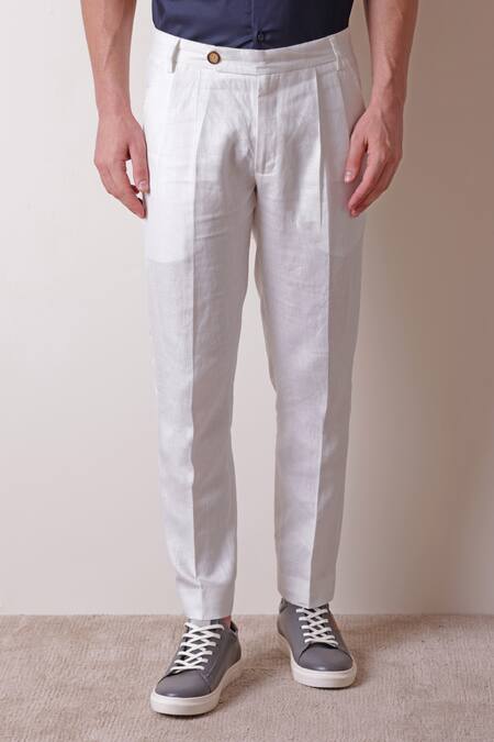 Lacquer Embassy_White Linen Grigio Plain Straight Fit Trouser _Online_at_Aza_Fashions