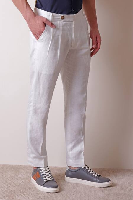 Buy_Lacquer Embassy_White Linen Grigio Plain Straight Fit Trouser _Online_at_Aza_Fashions