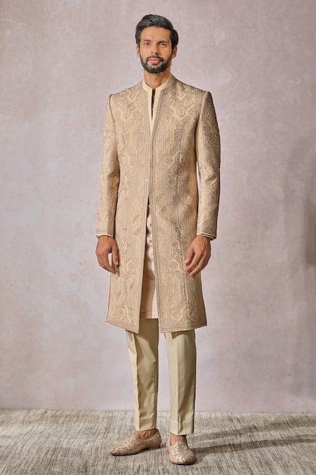 Tarun Tahiliani Gold Suiting Embroidery Silk Thread Sherwani Trouser Set