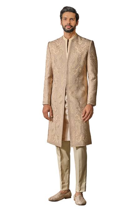 Tarun Tahiliani_Gold Satin, Suede Sequins, Beads, Silk Thread Embroidered Sherwani Trouser Set _Online_at_Aza_Fashions