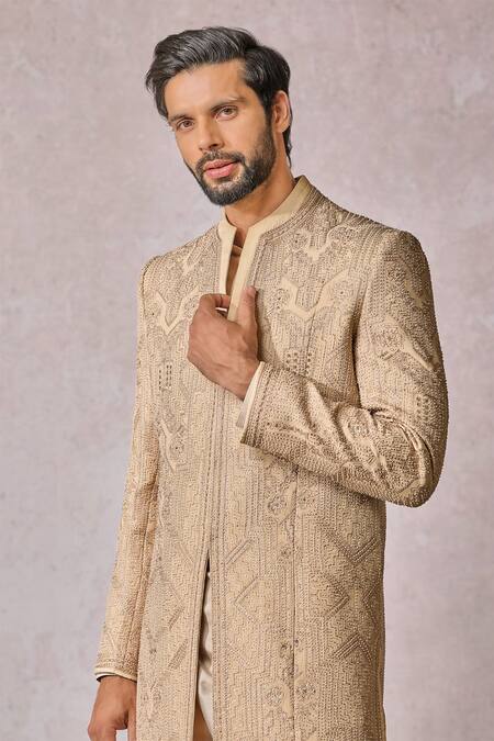 Buy_Tarun Tahiliani_Gold Satin, Suede Sequins, Beads, Silk Thread Embroidered Sherwani Trouser Set _Online_at_Aza_Fashions