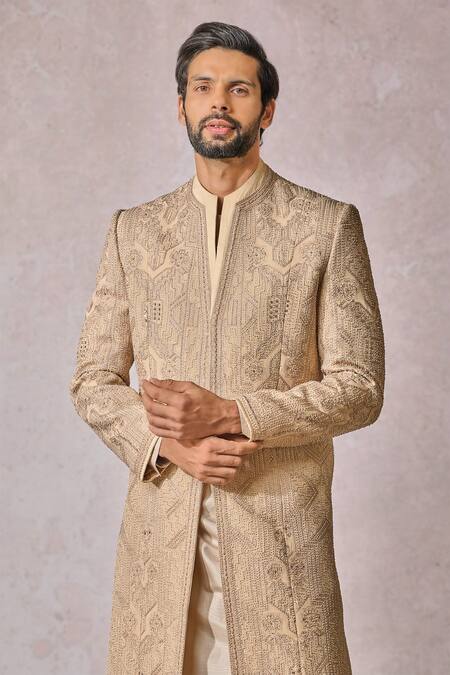 Shop_Tarun Tahiliani_Gold Satin, Suede Sequins, Beads, Silk Thread Embroidered Sherwani Trouser Set _Online_at_Aza_Fashions