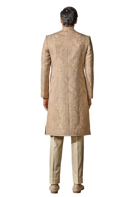 Tarun Tahiliani_Gold Satin, Suede Sequins, Beads, Silk Thread Embroidered Sherwani Trouser Set _at_Aza_Fashions