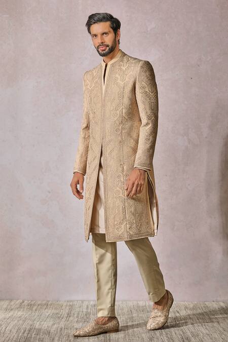 Buy_Tarun Tahiliani_Gold Satin, Suede Sequins, Beads, Silk Thread Embroidered Sherwani Trouser Set 