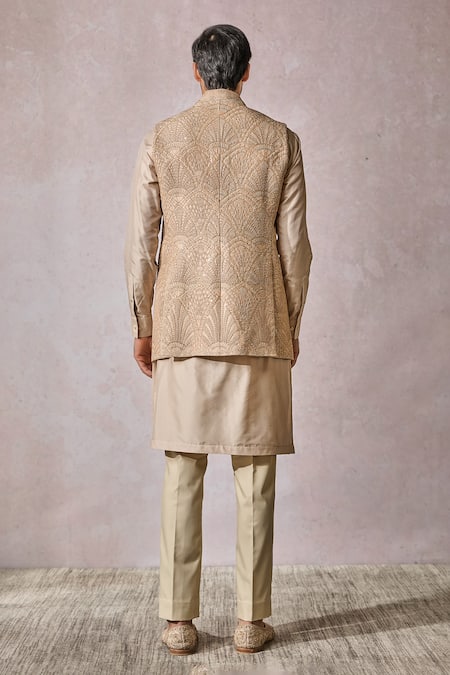 Tarun Tahiliani Gold Sequined Geometric Embroidered Nehru Jacket 