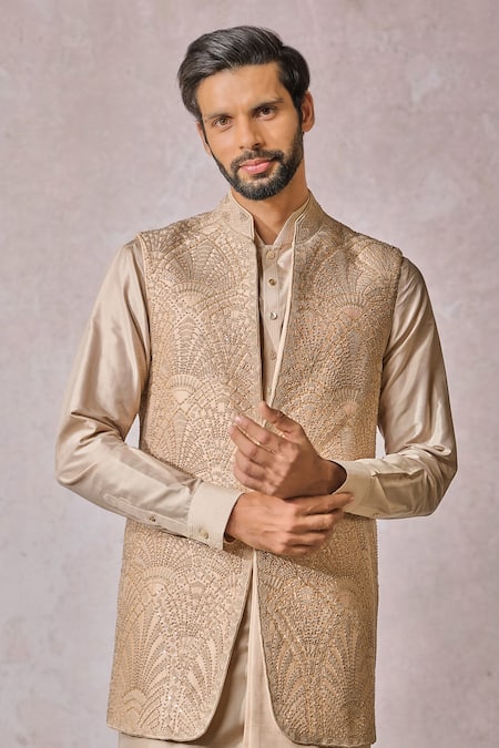 Tarun Tahiliani_Gold Georgette, Silk Sequins, Beads Geometric Embroidered Nehru Jacket _Online_at_Aza_Fashions