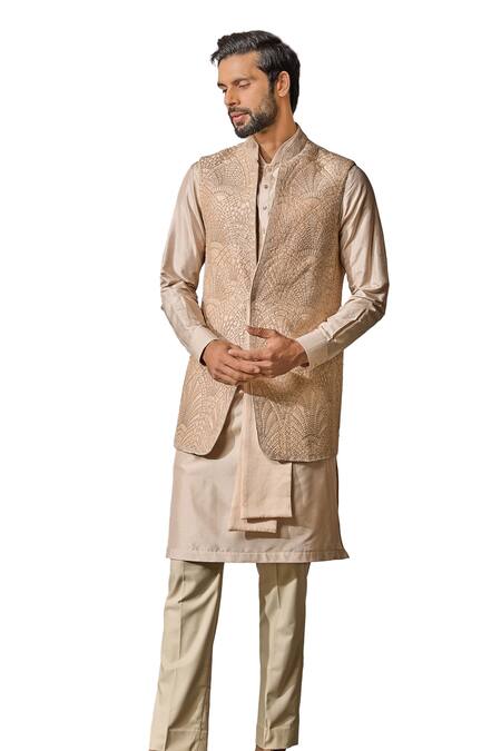 Buy_Tarun Tahiliani_Gold Georgette, Silk Sequins, Beads Geometric Embroidered Nehru Jacket _Online_at_Aza_Fashions