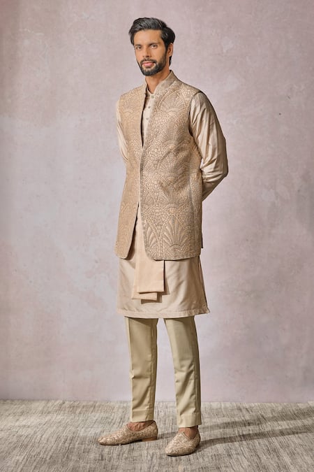 Shop_Tarun Tahiliani_Gold Georgette, Silk Sequins, Beads Geometric Embroidered Nehru Jacket _Online_at_Aza_Fashions