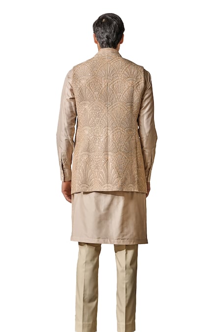 Tarun Tahiliani_Gold Georgette, Silk Sequins, Beads Geometric Embroidered Nehru Jacket _at_Aza_Fashions
