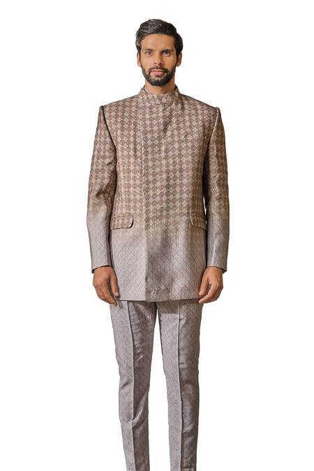 Tarun Tahiliani_Multi Color Tussar Embroidery Ombre Geometric Print Bandhgala Trouser Set _Online_at_Aza_Fashions