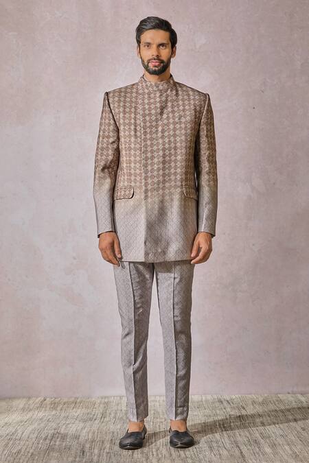 Shop_Tarun Tahiliani_Multi Color Tussar Embroidery Ombre Geometric Print Bandhgala Trouser Set _Online_at_Aza_Fashions