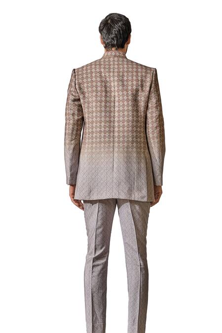 Buy_Tarun Tahiliani_Multi Color Tussar Embroidery Ombre Geometric Print Bandhgala Trouser Set 