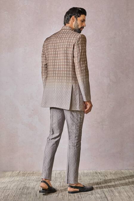 Shop_Tarun Tahiliani_Multi Color Tussar Embroidery Ombre Geometric Print Bandhgala Trouser Set 