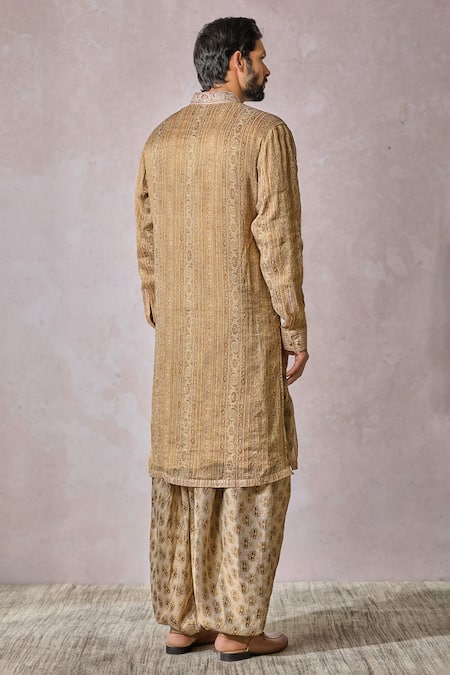 Shop_Tarun Tahiliani_Ivory Tissue Georgette Print Arabic Motifs Phulkari Kurta With Salwar _at_Aza_Fashions
