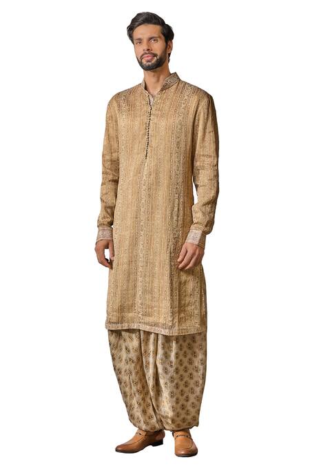 Buy_Tarun Tahiliani_Ivory Tissue Georgette Print Arabic Motifs Phulkari Kurta With Salwar _Online_at_Aza_Fashions