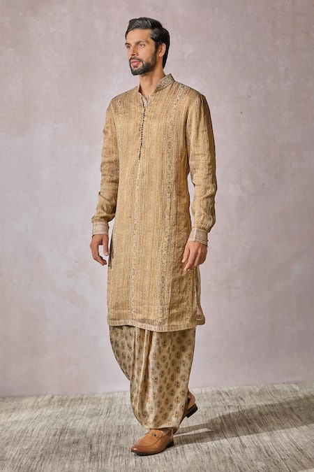 Tarun Tahiliani_Ivory Tissue Georgette Print Arabic Motifs Phulkari Kurta With Salwar _at_Aza_Fashions