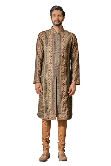 Shop_Tarun Tahiliani_Multi Color Poplin, Lycra Embroidery Kasheeda Print Straight Kurta With Churidar _Online_at_Aza_Fashions