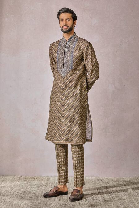 Shop_Tarun Tahiliani_Multi Color Linen Embroidery Geometric Print Kurta With Trouser _Online_at_Aza_Fashions