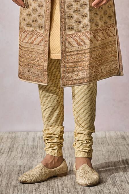 Tarun Tahiliani_Ivory Cotton, Georgette, Jacquard Mandala Print Phulkari Sherwani Churidar Set _Online_at_Aza_Fashions