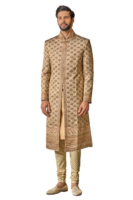 Buy_Tarun Tahiliani_Ivory Cotton, Georgette, Jacquard Mandala Print Phulkari Sherwani Churidar Set _Online_at_Aza_Fashions