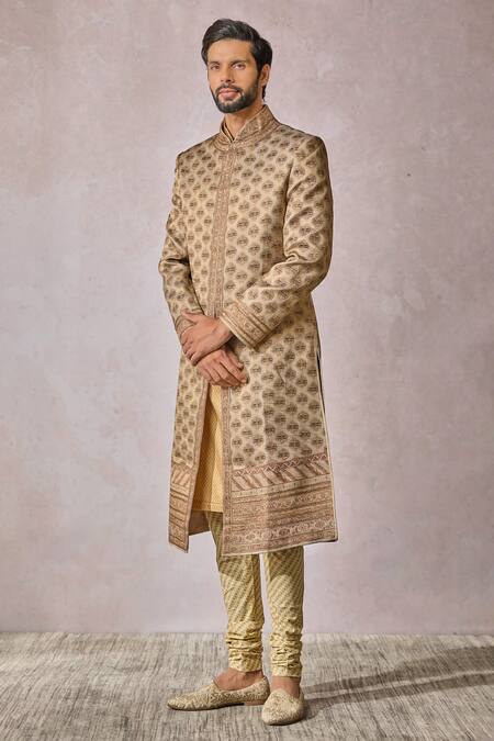 Shop_Tarun Tahiliani_Ivory Cotton, Georgette, Jacquard Mandala Print Phulkari Sherwani Churidar Set _Online_at_Aza_Fashions