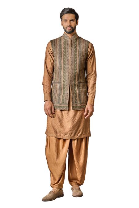 Tarun Tahiliani_Multi Color Linen Pearls Kasheeda Embroidered Bundi _Online_at_Aza_Fashions