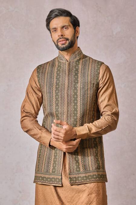 Buy_Tarun Tahiliani_Multi Color Linen Pearls Kasheeda Embroidered Bundi _Online_at_Aza_Fashions