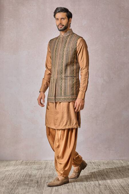 Shop_Tarun Tahiliani_Multi Color Linen Pearls Kasheeda Embroidered Bundi _Online_at_Aza_Fashions