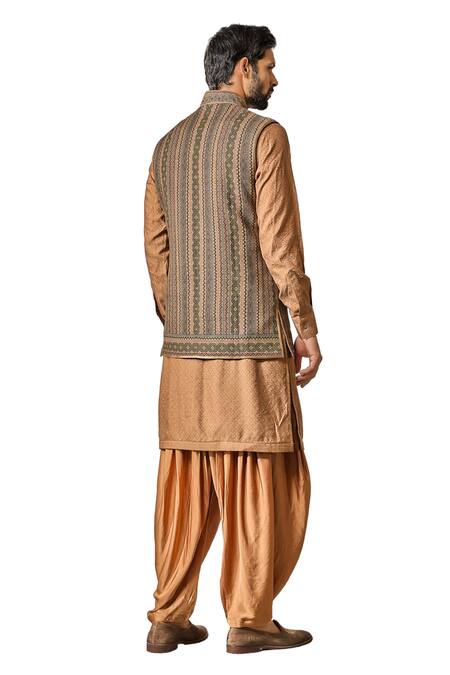 Tarun Tahiliani_Multi Color Linen Pearls Kasheeda Embroidered Bundi _at_Aza_Fashions