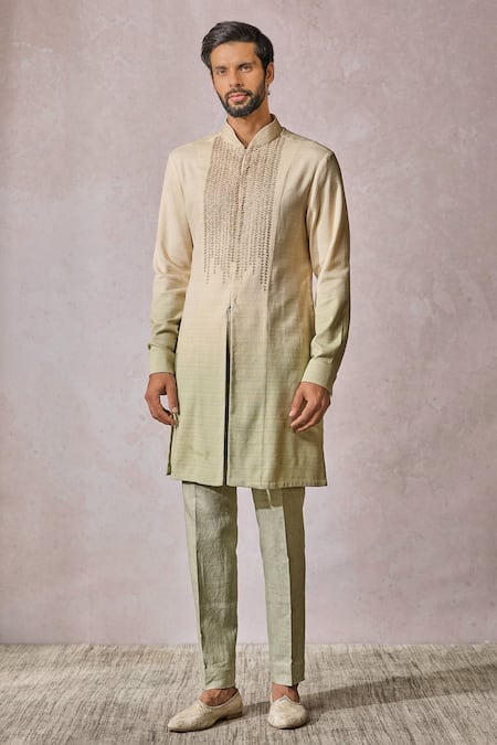 Tarun Tahiliani Beige Cotton Moss Embroidered Yoke Abstract Hand Kurta With Trouser 