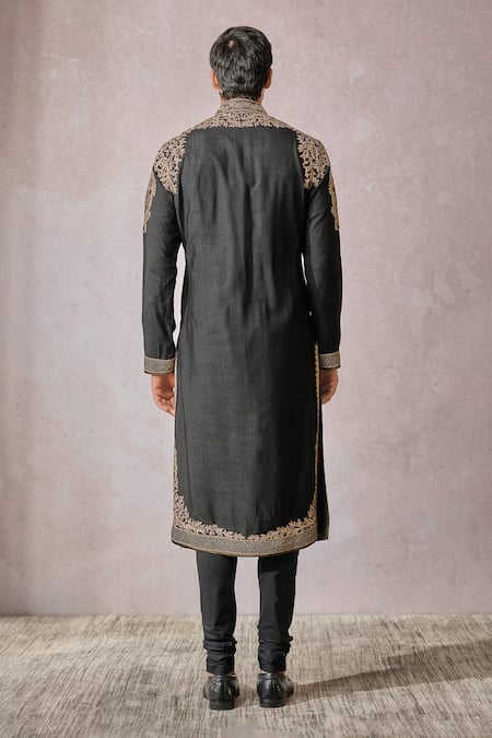 Shop_Tarun Tahiliani_Black Tussar, Viscose Zari, Embroidery Floral Hand Kurta With Churidar _at_Aza_Fashions