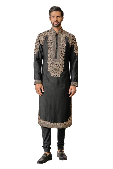 Tarun Tahiliani_Black Tussar, Viscose Zari, Embroidery Floral Hand Kurta With Churidar _Online_at_Aza_Fashions