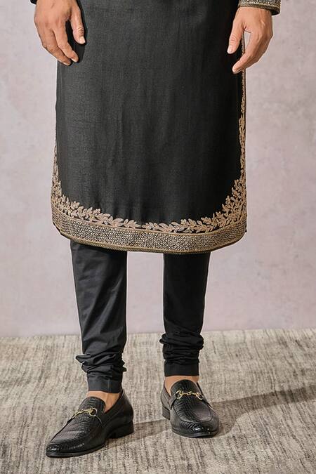 Buy_Tarun Tahiliani_Black Tussar, Viscose Zari, Embroidery Floral Hand Kurta With Churidar _Online_at_Aza_Fashions
